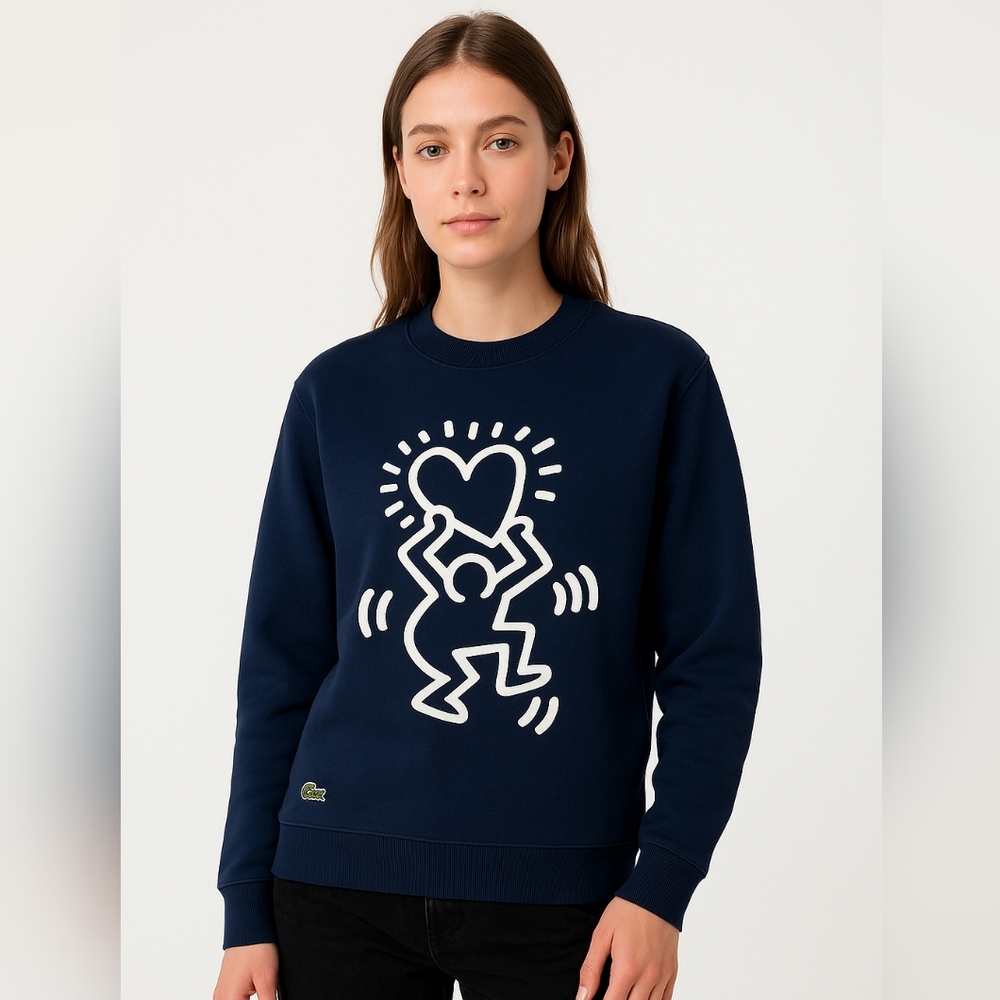 Lacoste Navy Blue Graphic Crewneck Sweatshirt with White Artwork